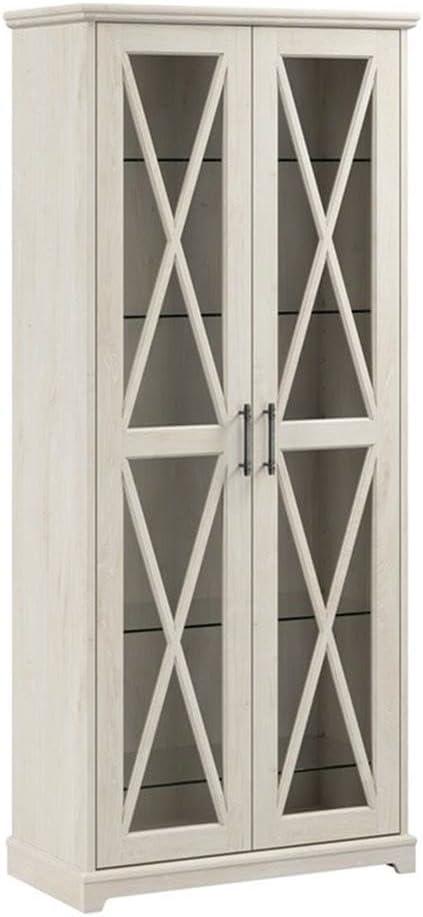 Bush Lennox Engineered Wood Curio Cabinet with Glass Doors in Linen White Oak