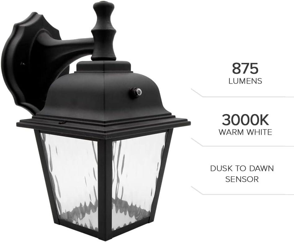 Maxxima LED Porch Lantern Black, Water Glass, Photocell Sensor, 875 Lumens, 3000K Warm White, Dusk to Dawn Sensor