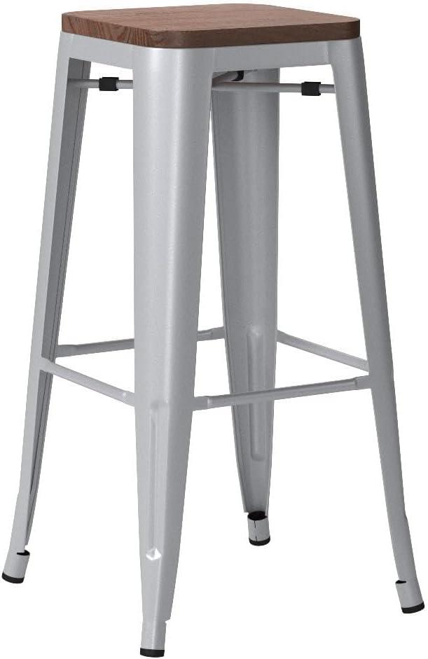 Pearl Grey 30" Backless Swivel Metal Bar Stools with Elm Wood Seat