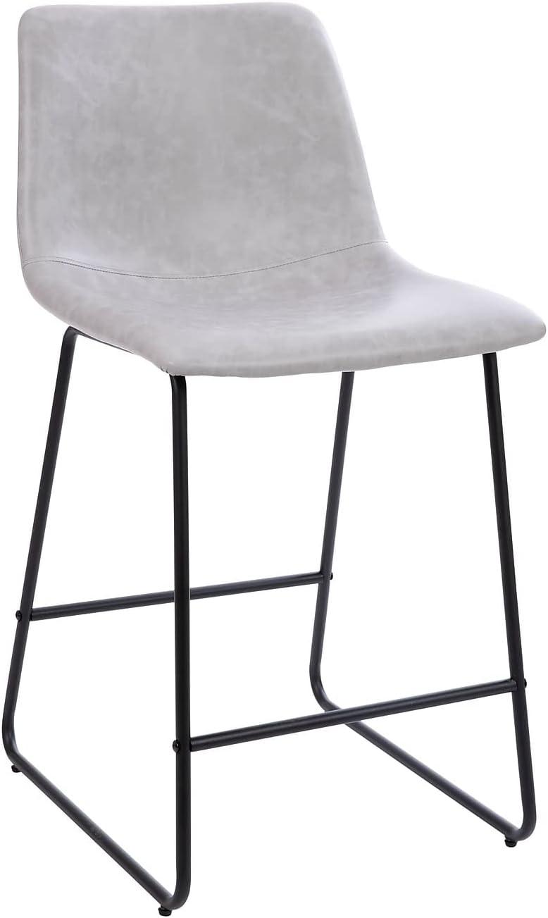 Adjustable Light Gray Leather & Metal Dining Stools, Set of 2