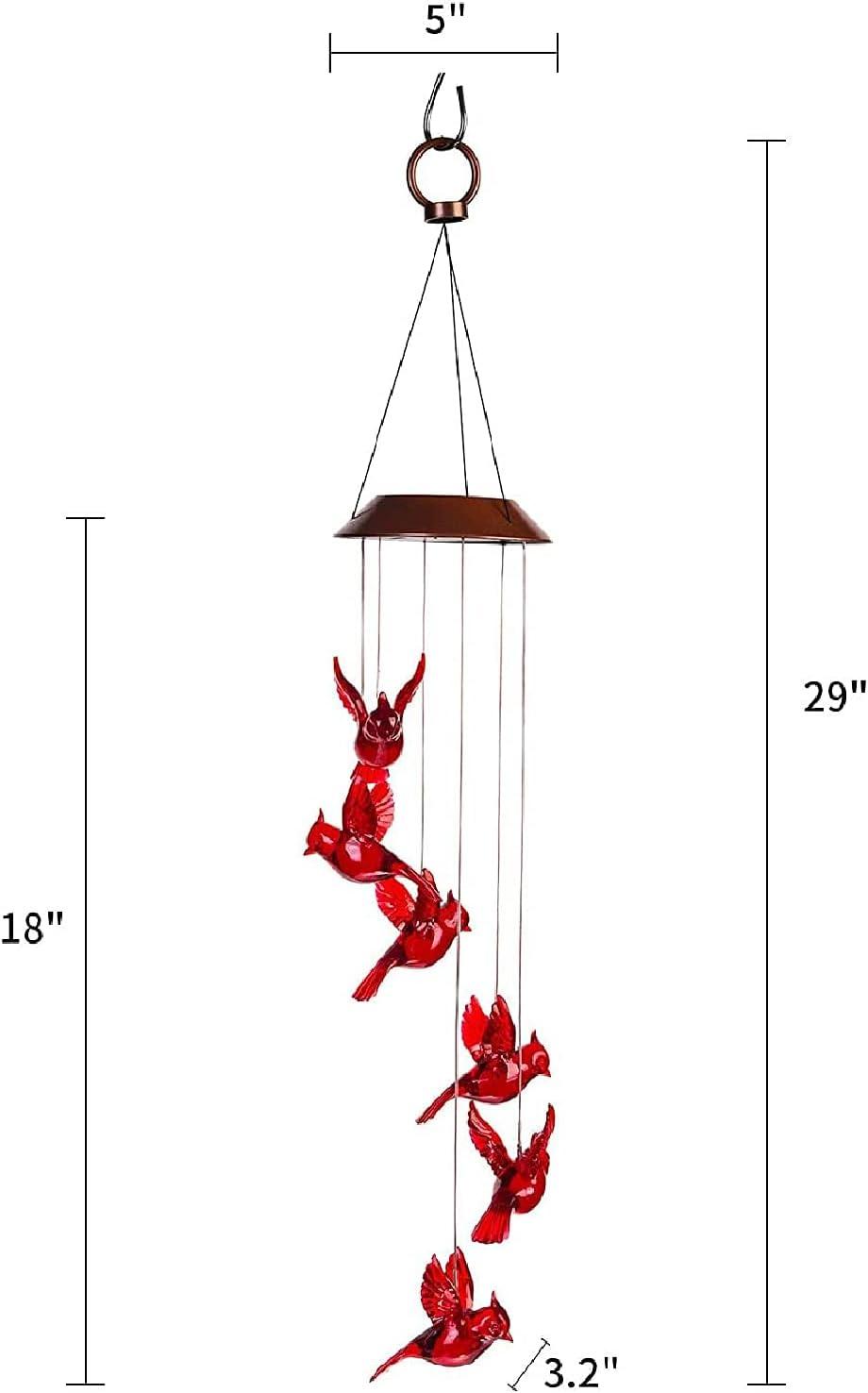 Solar-Powered Red Bird Wind Chimes with LED Lights