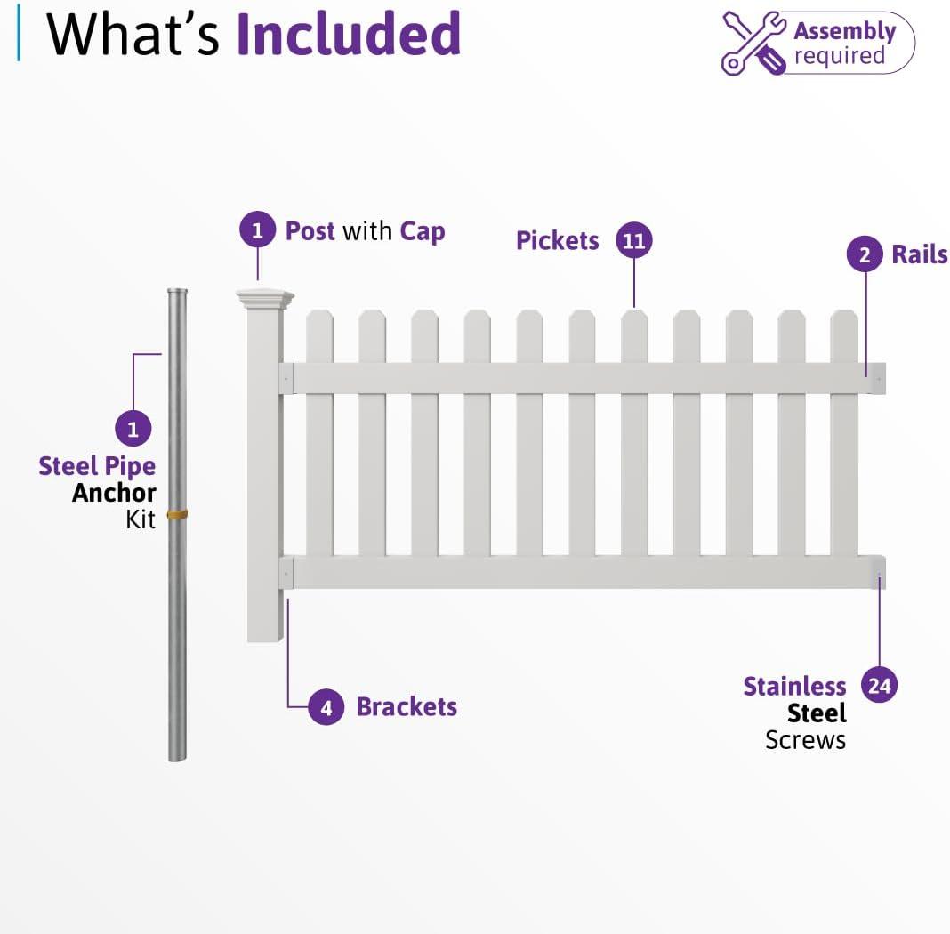 WamBam No-Dig Fence 3ft H x 6ft W (1 Panel + 1 Post) No Dig WamBam Newport Fence Kit, White Vinyl Picket Fence, Easy Install Outdoor Fence for Backyard or Patio, DIY Decorative Fencing, ZP19002