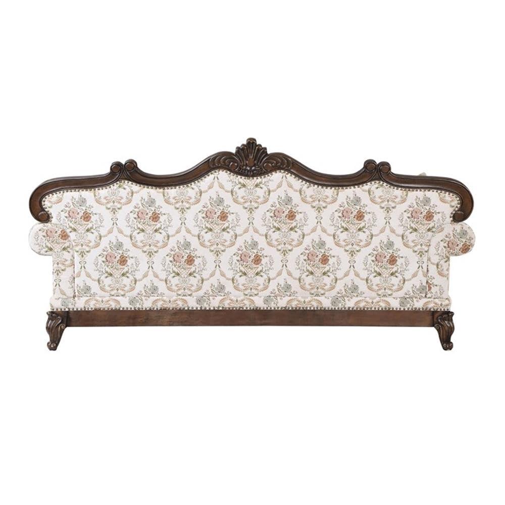 Nayla Walnut Floral Fabric Rolled Arm Sofa with Pillows
