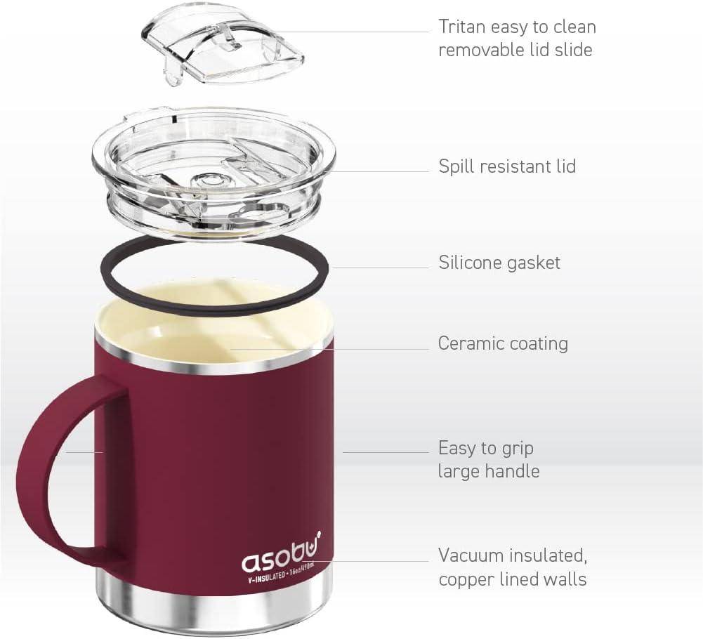Asobu Ultimate Stainless Steel Ceramic Inner Coating Insulated Coffee Mug, 12 Ounces (Burgundy)