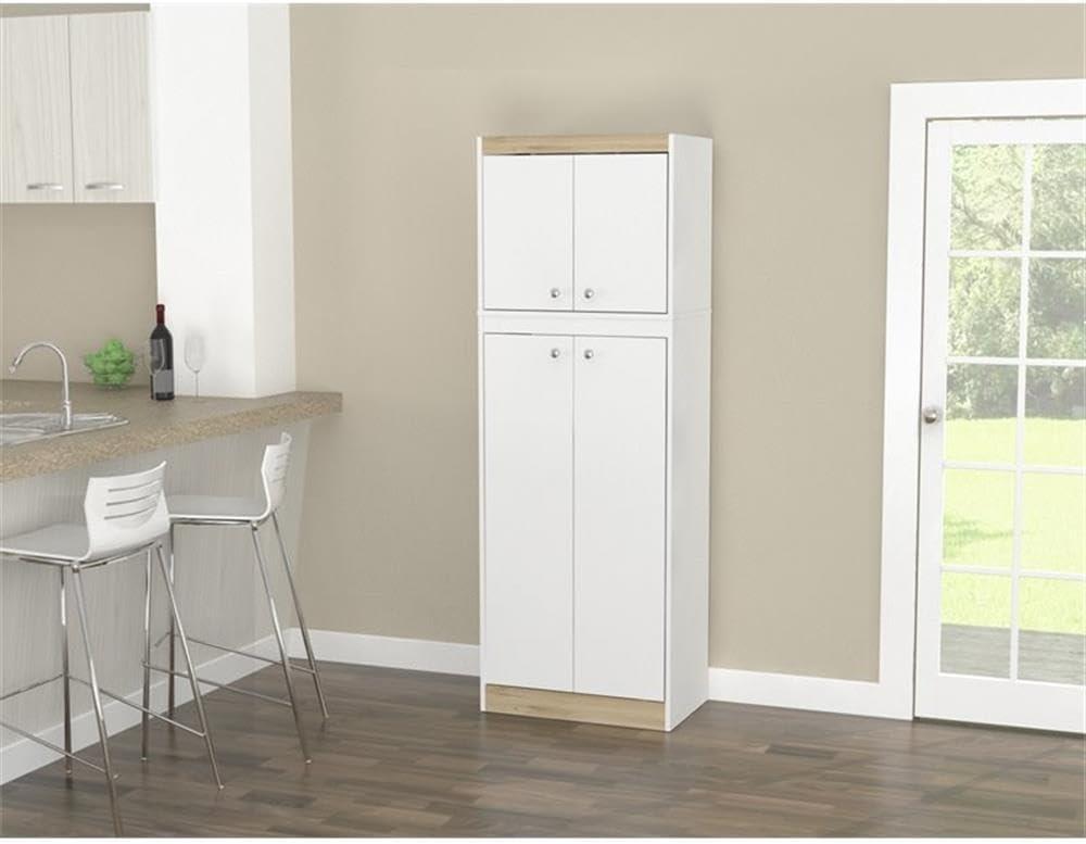 4 Doors Kitchen Storage Cabinet White/Oak - Inval: Modern Pantry with Adjustable Shelves