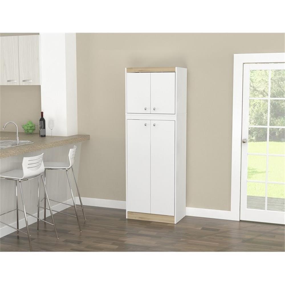 4 Doors Kitchen Storage Cabinet White/Oak - Inval: Modern Pantry with Adjustable Shelves