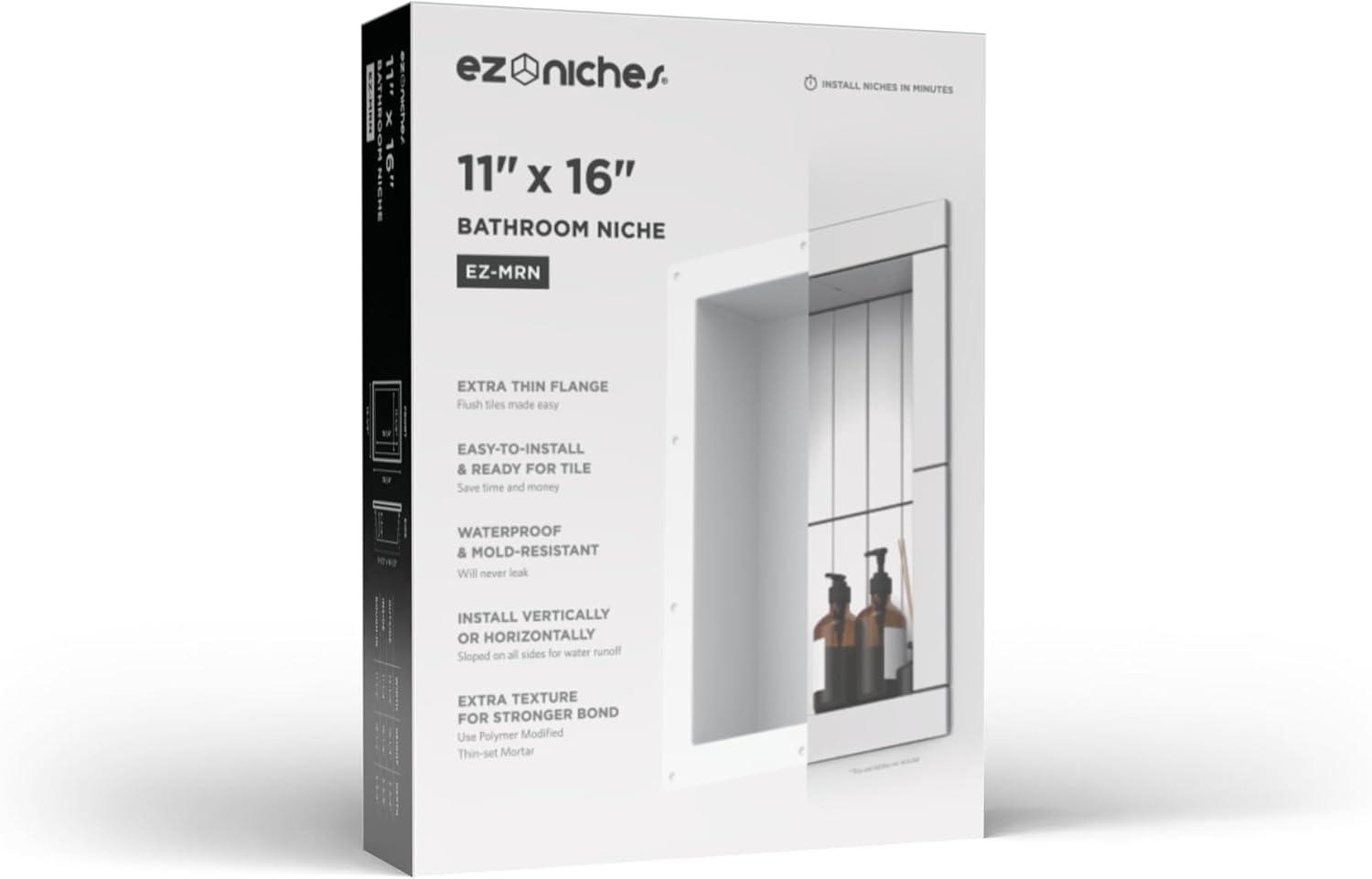EZ NICHES New Ready for Tile Recessed Bathroom Shower Shampoo Shelf Niche (11" X 16" Medium Rectangular)