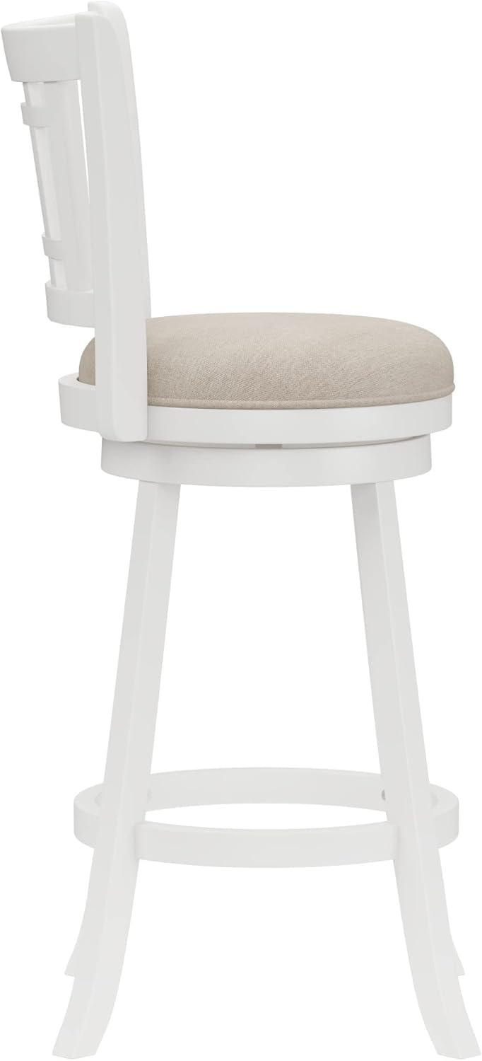 Elegant White Swivel Bar Stool with Beige Fabric Seat and Wood Accents