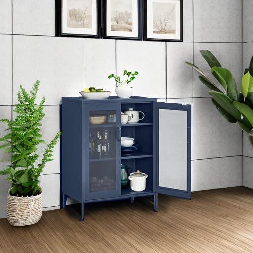 Metal Storage Cabinet with Mesh Doors, Steel Display Cabinets with Adjustable Shelves for Bathroom Home Office, Midnight Blue UOMC002Q03