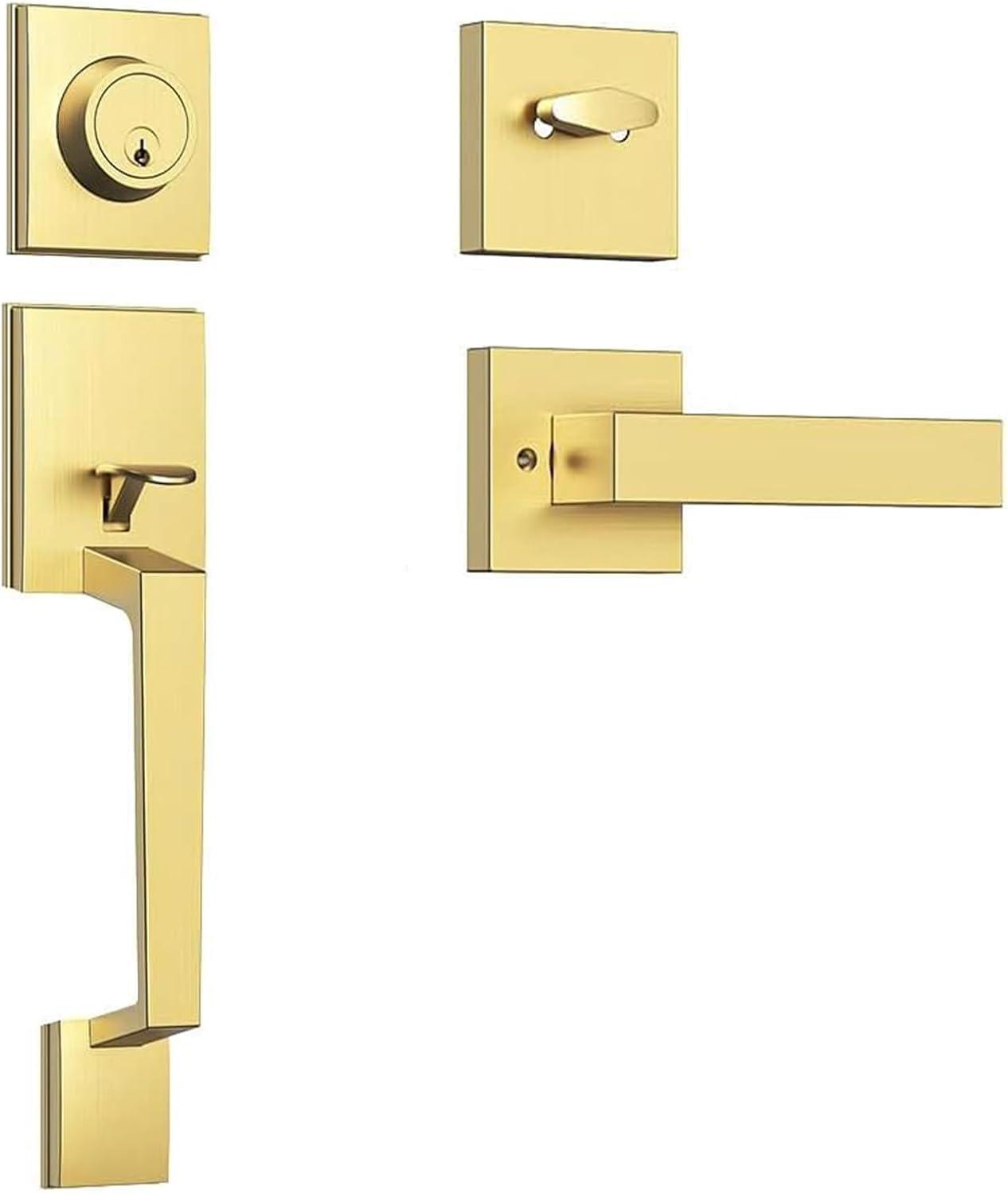 Front Door Lock Set - Exterior Door Handle Set with Deadbolt Door Lock Single Cylinder Interior Entry Handle with Lever Reversible Left & Right Gold