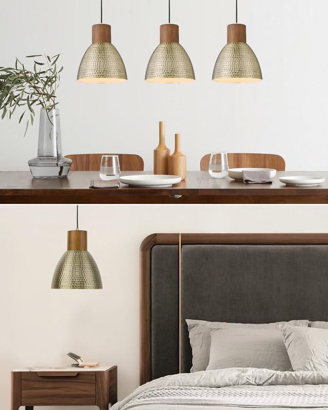 Vintage Brass and Wood Hammered Pendant Light