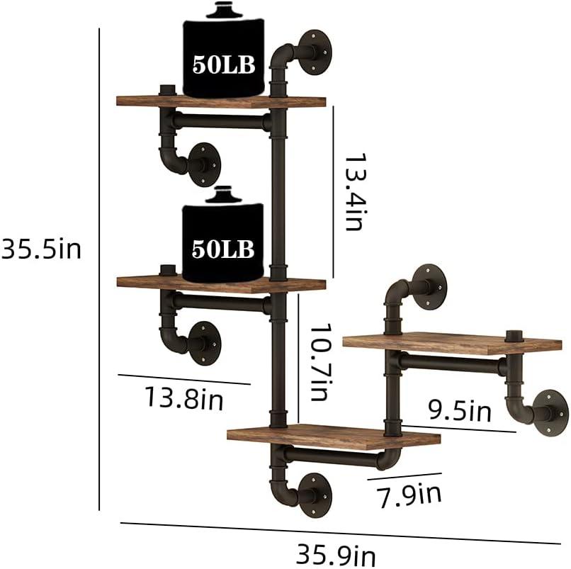 Industrial Black Pipe and Wood 4-Layer Wall Mounted Shelves