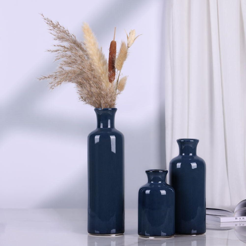 Blue Ceramic Vase Set for 3 - Modern Waterproof Small Vases, Farmhouse Country Home Decor, Living Room, Table, Fireplace, and Entrance Centerpieces