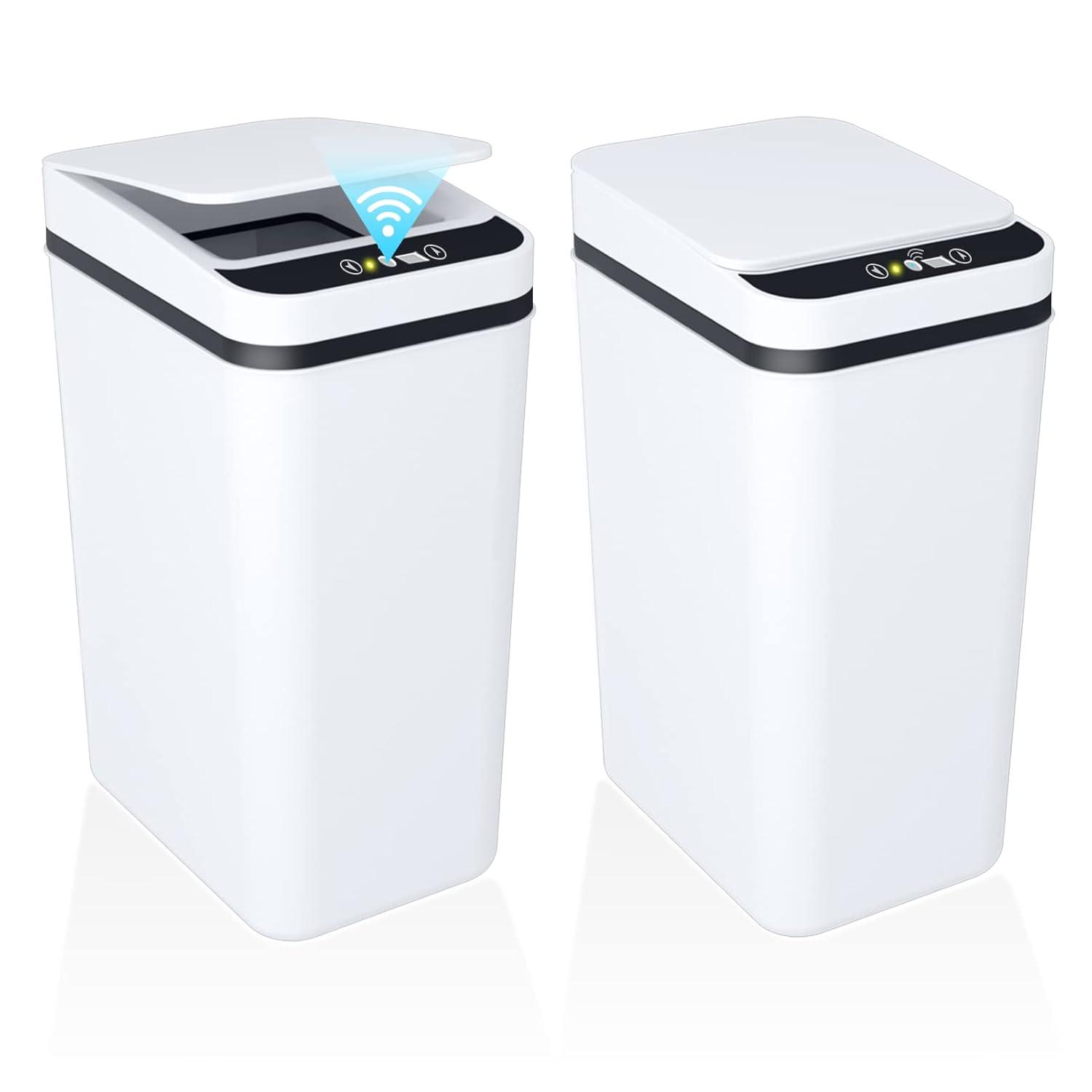 VQJTCVLY 2Pack Bathroom Small Trash Can with Lid, 2.6 Gallon Touchless Automatic Garbage Can Slim Waterproof Motion Sensor Smart Trash Bin for Bedroom, Office, Kitchen, Living Room (White)