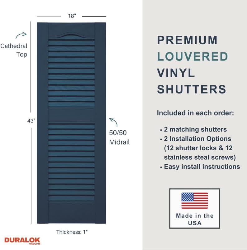 Vinyl | Louvered Exterior Shutters | 14.5" Width | Cathedral Top | with Mid Rail (50/50 Split) | 1 Pair
