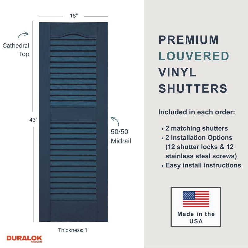 Vinyl | Louvered Exterior Shutters | 14.5" Width | Cathedral Top | with Mid Rail (50/50 Split) | 1 Pair