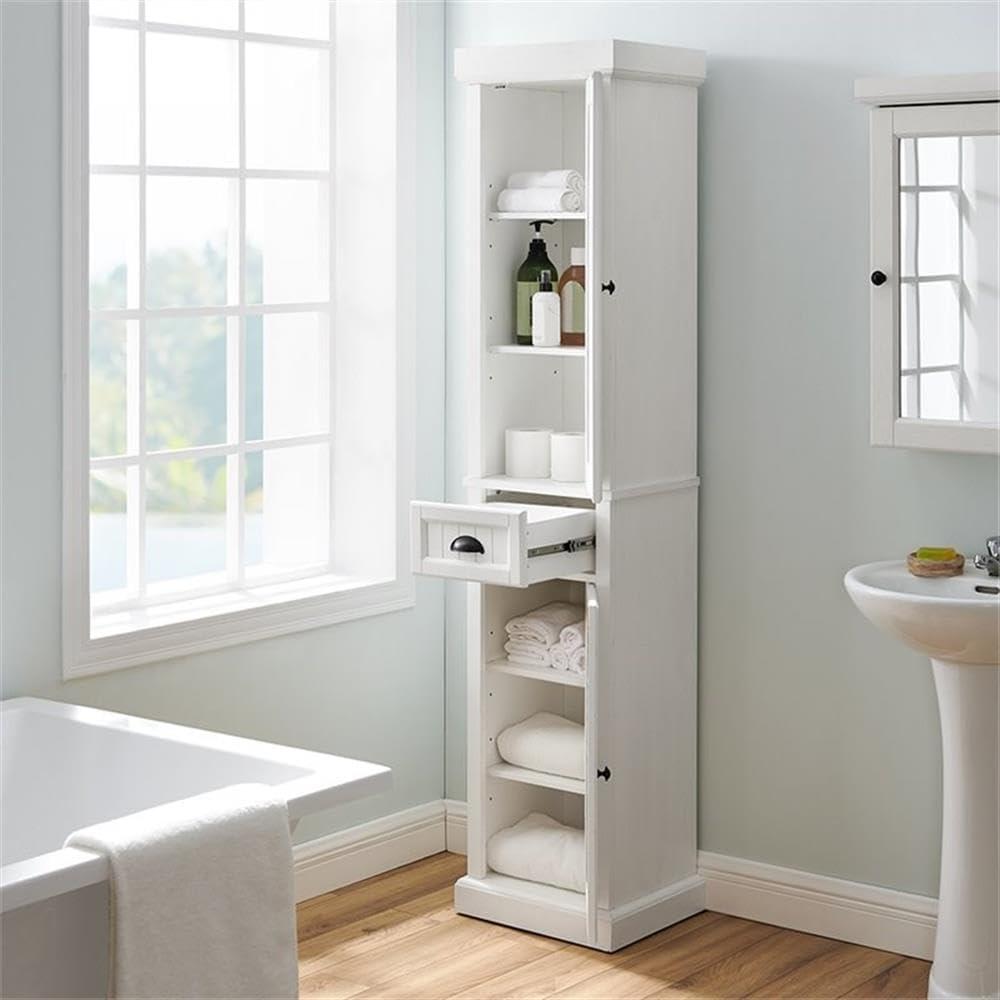 Seaside Tall Linen Cabinet White - Crosley: Freestanding Bathroom Storage, Adjustable Shelves, Towel Organizer