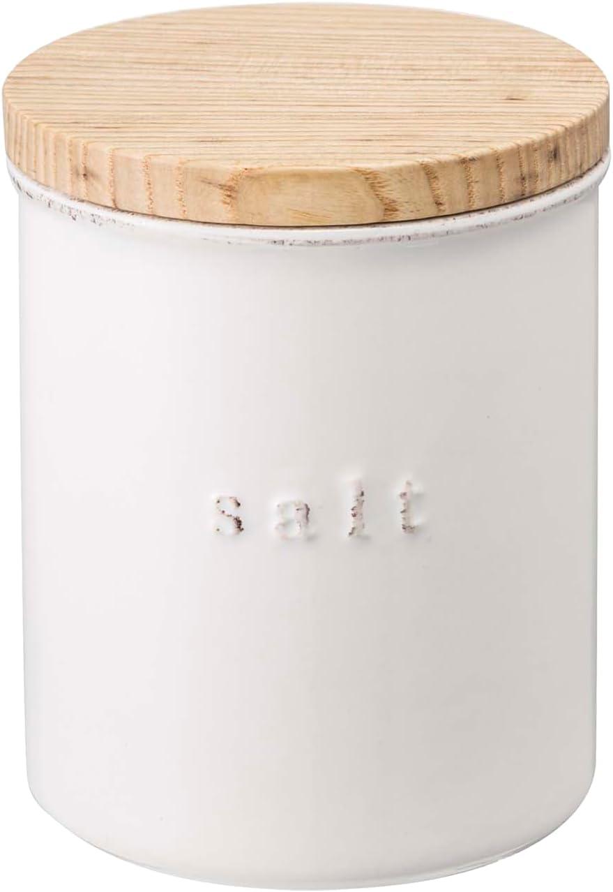 White Ceramic Salt Canister with Wooden Lid