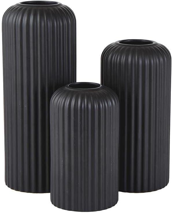 47th & Main Modern Flower Vases | Lined Ceramic Vases for Home Décor, Set of 3, Black