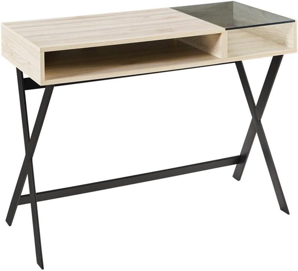 Birch and Glass X-Leg Writing Desk with Open Storage