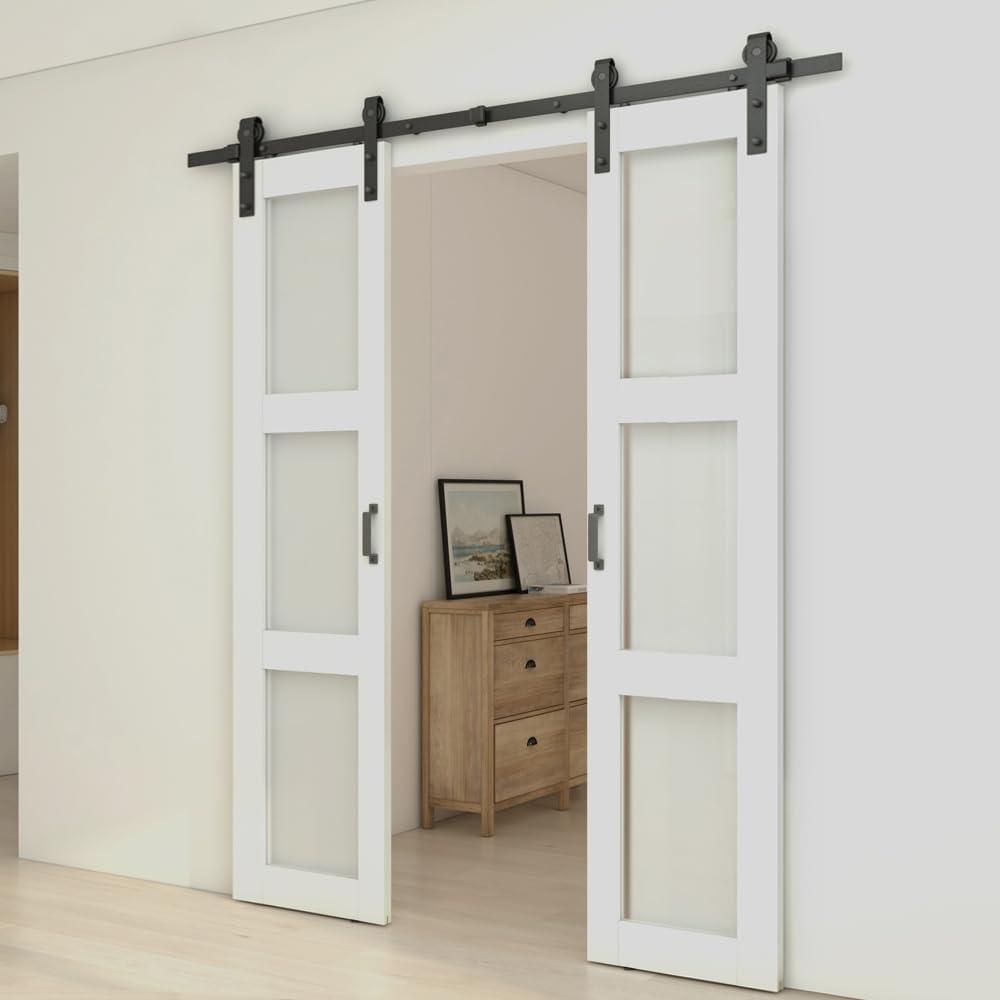 Calhome 3-Lite Tempered Frosted Glass White Finished Composite Double Sliding Barn Door with Hardware Kit Handle