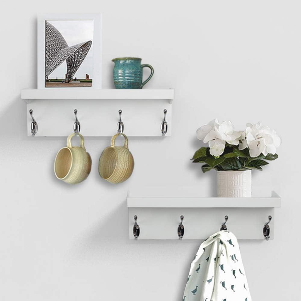 White Wall Mounted Coat Rack with Shelf and Double Hooks, Set of 2