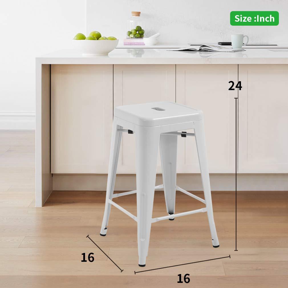 FDW Metal Bar Stools Set of 4 Counter Height Barstool Stackable Barstools 24 Inch Indoor Outdoor Patio Bar Stool Home Kitchen Dining Stool ,White