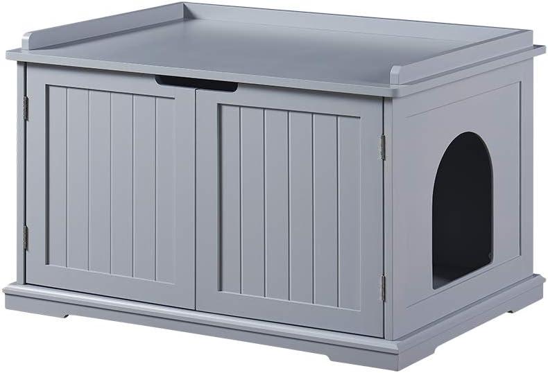 Unipaws Designer Cat Washroom Storage Bench, Litter Box Cover with Sturdy Wooden Structure, Spacious Storage, Easy Assembly, Fit Most of Litter Box, Gray