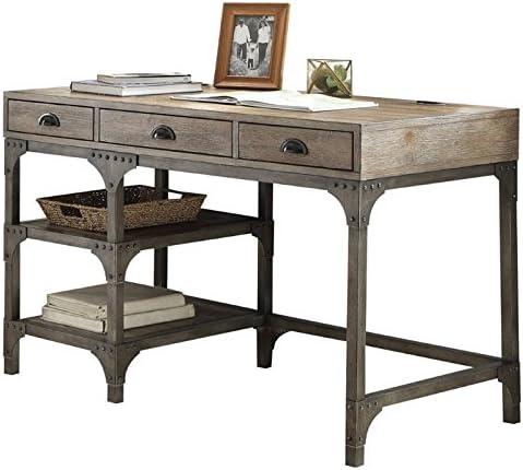 Wood And Metal Desk With Three Drawers And Two Side Shelves Oak Brown And Gray - Saltoro Sherpi