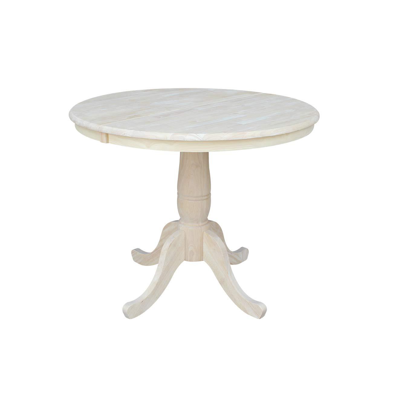 36" Round Top Pedestal Extendable Dining Table with 12" Drop Leaf Unfinished - International Concepts