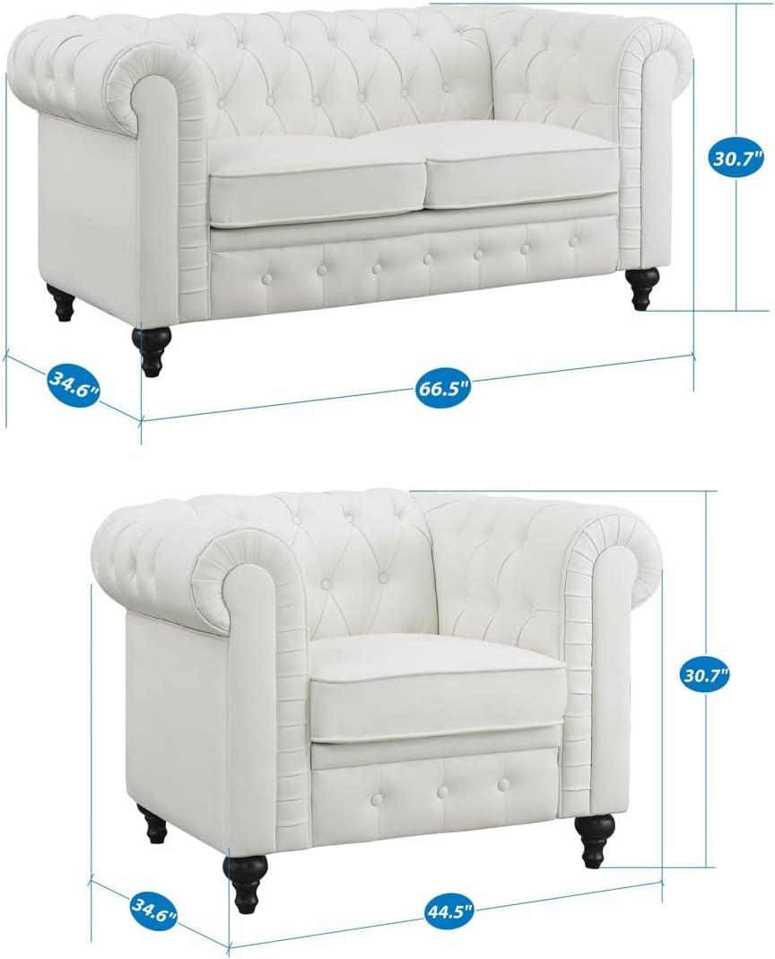 2 Piece Living Room Set, Faux Leather Chesterfield Loveseat & Chair, Deep Button Tufted with Rolled Arms, Home Furniture - Include 3-Seater Couch and Single Chair, White