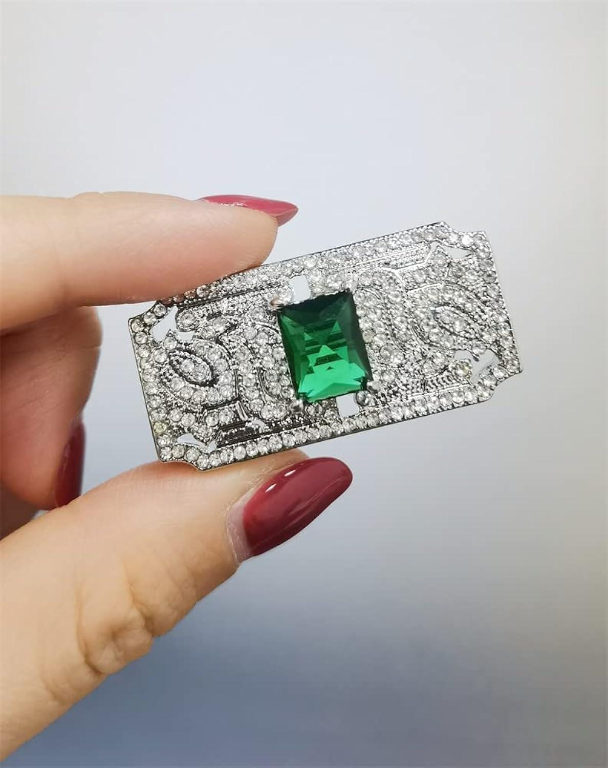 Bohemian Green CZ Rectangle Brooch Pin for Women Silver Plated Dainty Emerald Birthstone Vintage Filigree Geometric Brooches Lapel Pins Dress Accessories Wedding Mother's Birthday Jewelry Gift