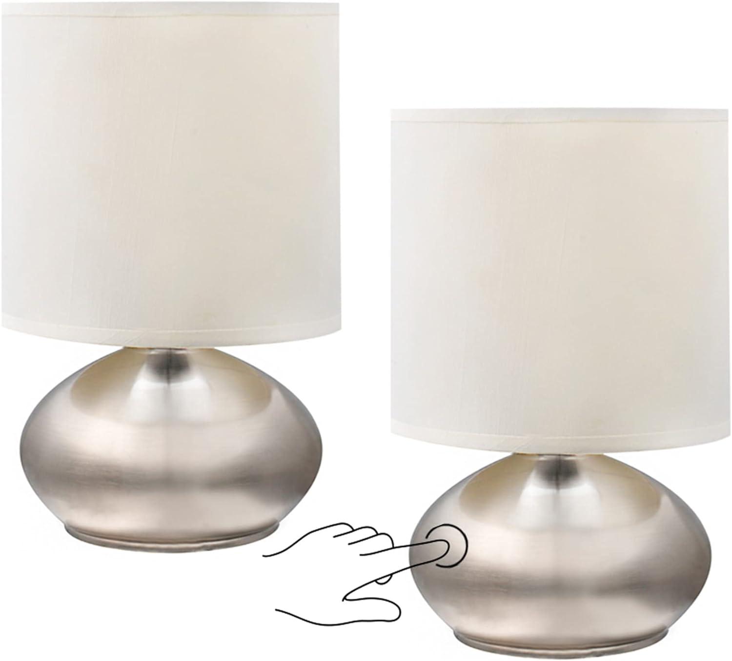 Brushed Steel Touch Table Lamp Set with White Shades