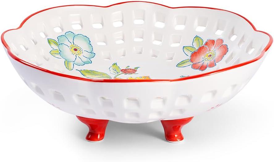 White and Red Ceramic Floral Pedestal Fruit Bowl, 10-inch