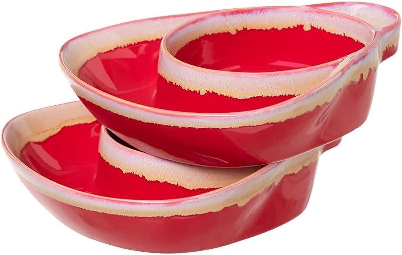 Red Ceramic Dual Compartment Soup and Side Bowls Set