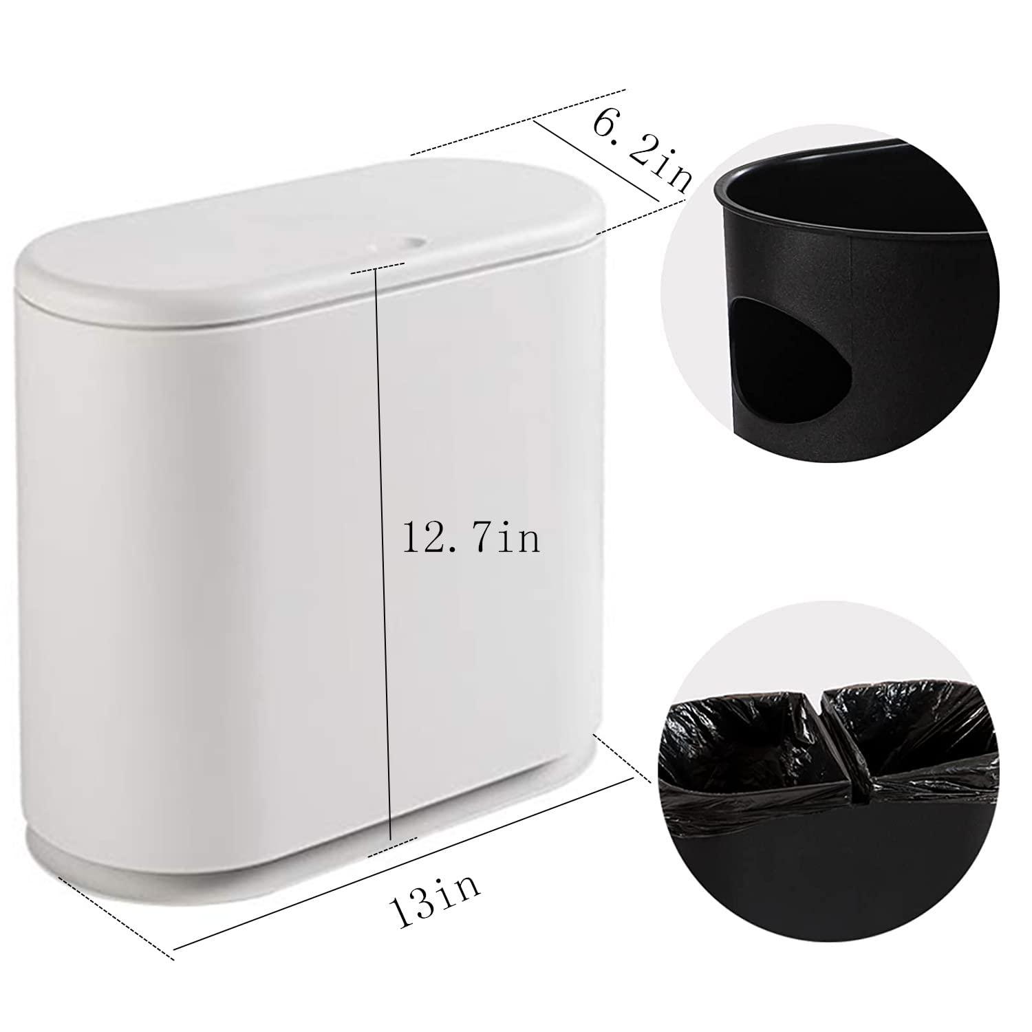 Slim Plastic Trash Can Wastebasket with Press Type Lid,2.7 Gallon Garbage Container Bin,12L Modern Dispenser for Bathroom,Powder Room,Bedroom,Kitchen,Craft Room,Office,White