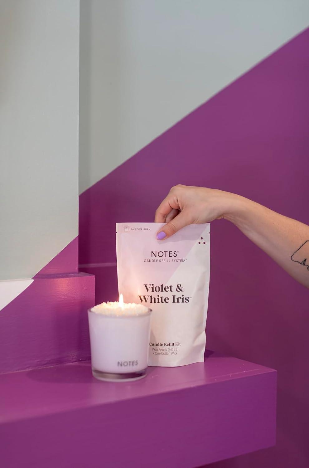 NOTES Sustainable Candle Refill | Non-Toxic Fragrance, Natural Wax Beads (Beeswax, Rice bran and Soy), Cotton Wick and Sustainer - (1) Violet & White Iris