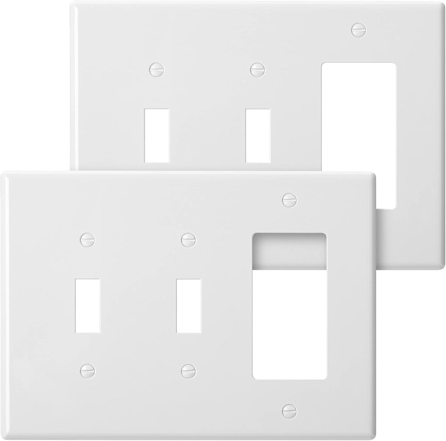 Bates- Combination Wall Plate, 2 Pack, Double Toggle/Single Decorator, White Light Switch Cover Plate