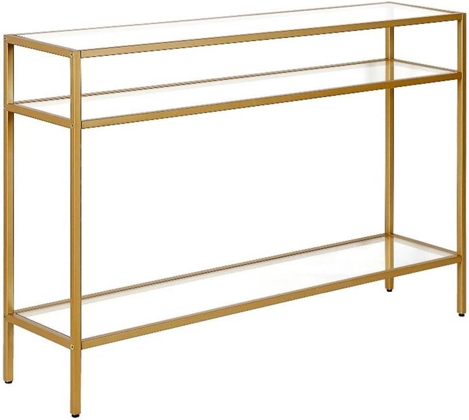 Siviline Brass Finish Steel Frame Console Table with Glass Shelves