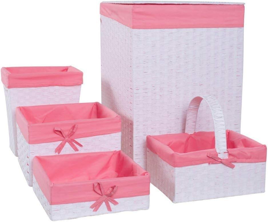 White and Pink Five Piece Weave Pattern Hamper Set