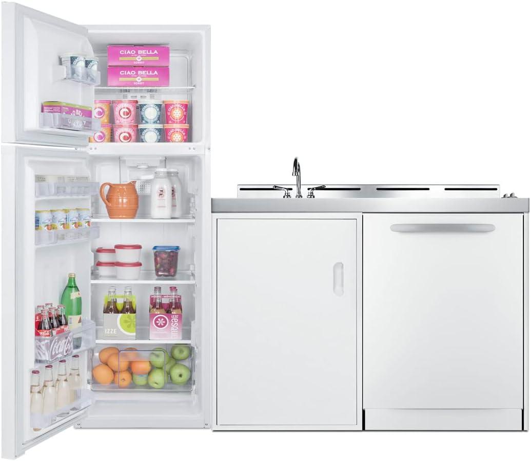 All-in-one combination kitchenette with full-sized refrigerator-freezer, dishwasher, sink, storage cabinet, and 2-burner coil cooktop