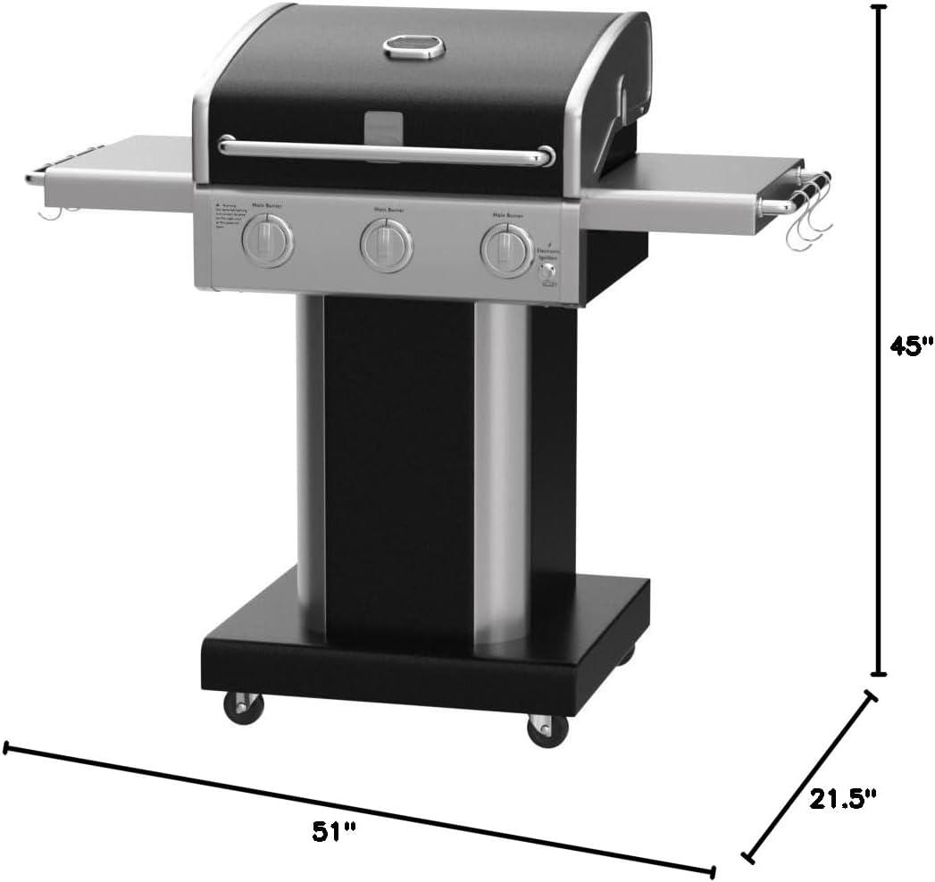Kenmore 3-Burner Propane Gas Grill with Foldable Side Tables for Outdoor BBQ