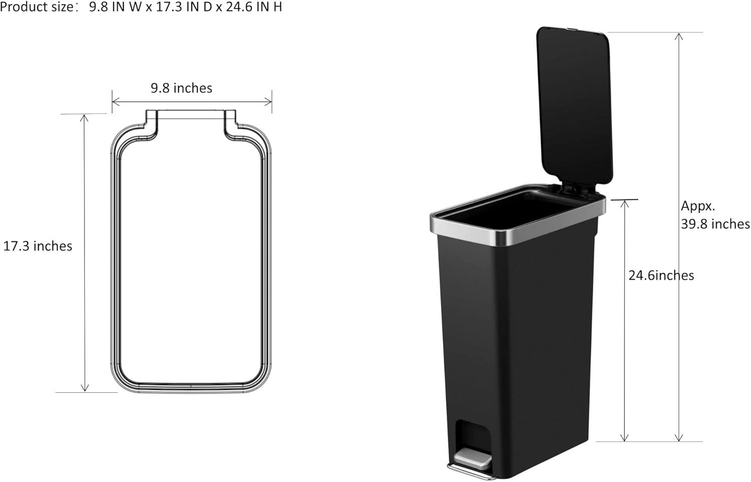 10.5 Gallon Black Plastic Slim Step-On Trash Can with Stainless Steel Accents