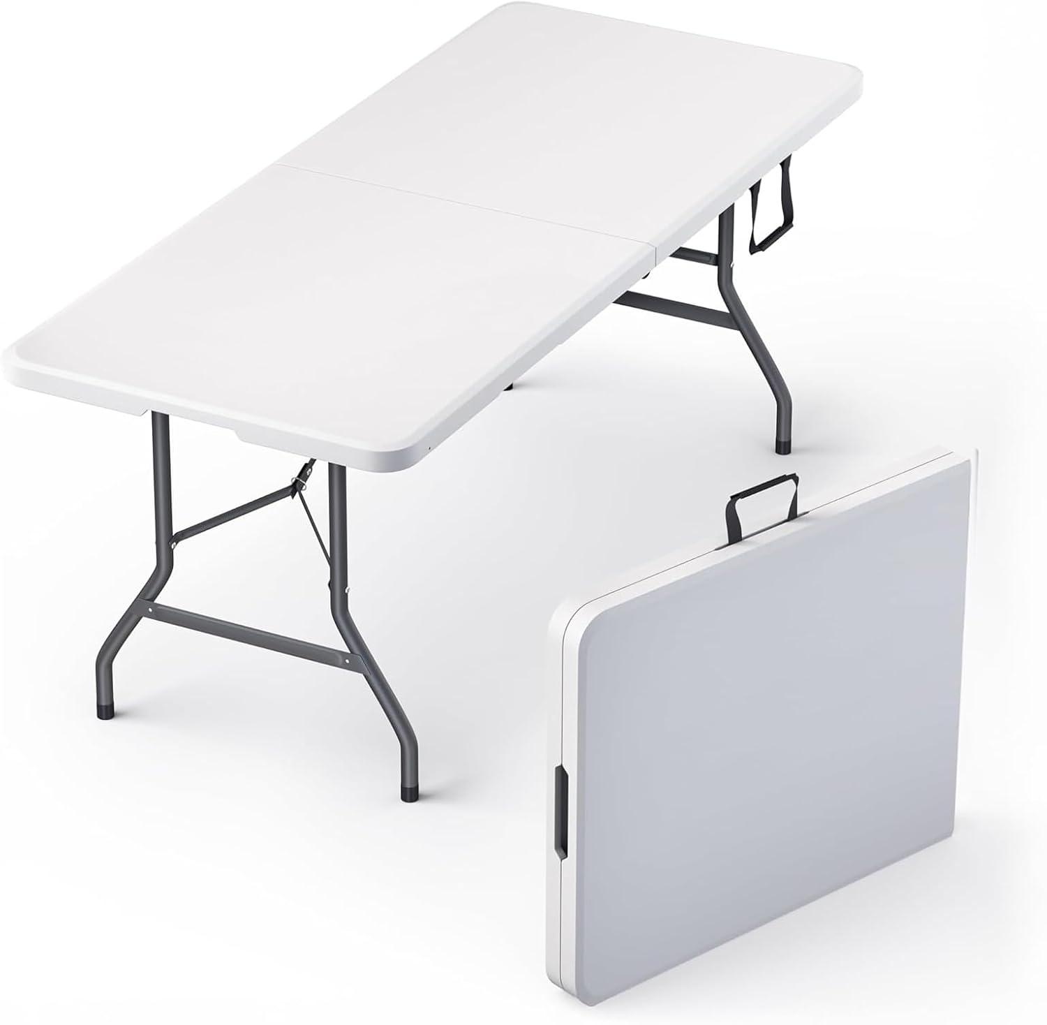 CL.HPAHKL 6 Foot Folding Table with Carrying Handle, Portable Plastic Camping Table Fold in Half, 6 ft Foldable Table with Sturdy Steel Frame for Indoor Outdoor Camping, Picnic and Party, White