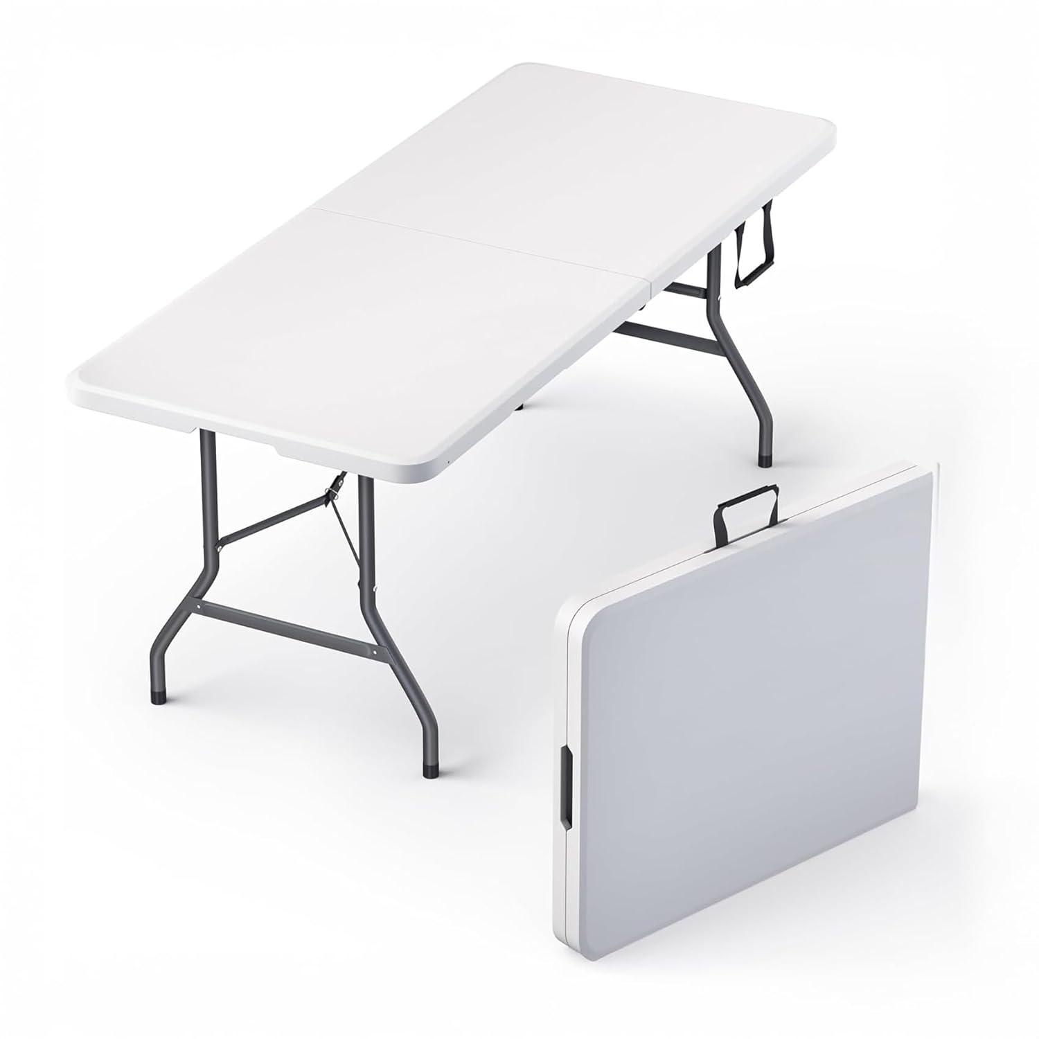 CL.HPAHKL 6 Foot Folding Table with Carrying Handle, Portable Plastic Camping Table Fold in Half, 6 ft Foldable Table with Sturdy Steel Frame for Indoor Outdoor Camping, Picnic and Party, White