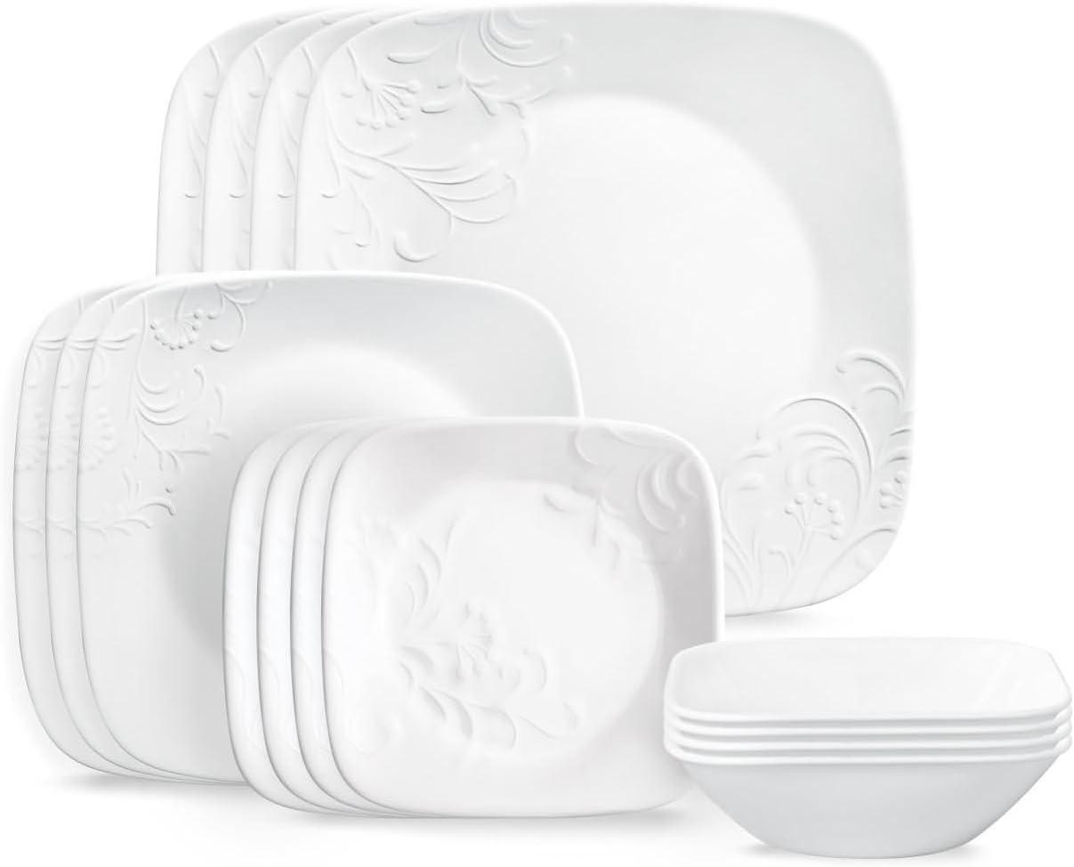 Corelle Cherish 16-Piece Embossed Square Glass Dinnerware Set (Service for 4)