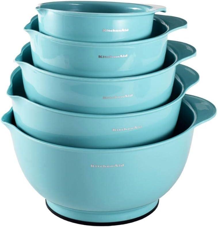 KitchenAid Set of 5 Mixing Bowls Aqua Sky: Plastic Nesting Bowls, Easy-Pour Spout, Dishwasher-Safe, BPA-Free