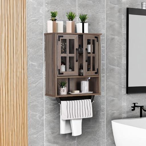 Wood Wall Storage Cabinet With Cross Glass Doors, Farmhouse Wall Mounted, 3 Tier Rustic Cabinet With Adjustable Shelves And Towel Bar For Bathroom, Living Room, Vintage White