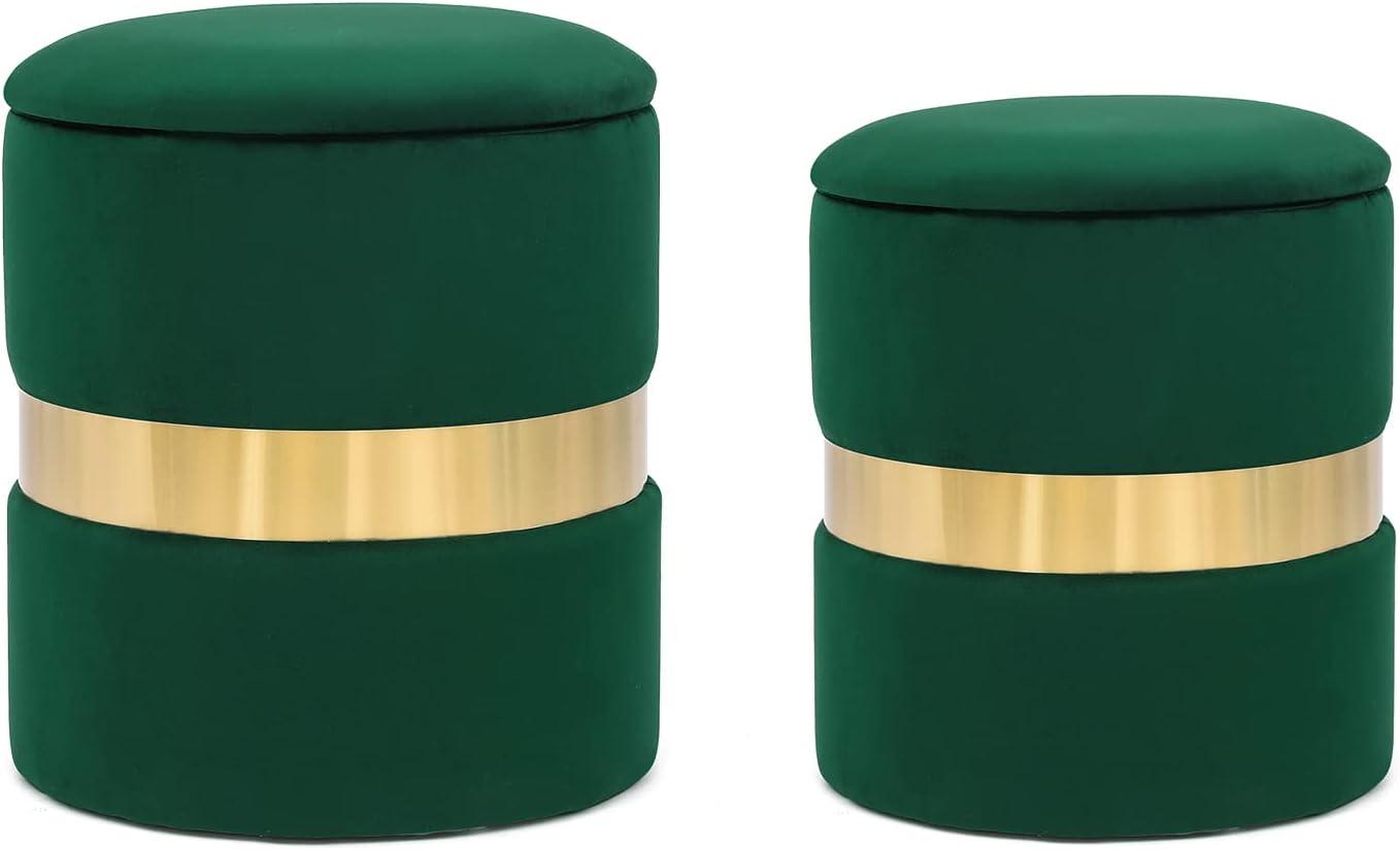 Green Velvet Round Storage Ottoman Set with Gold Accent