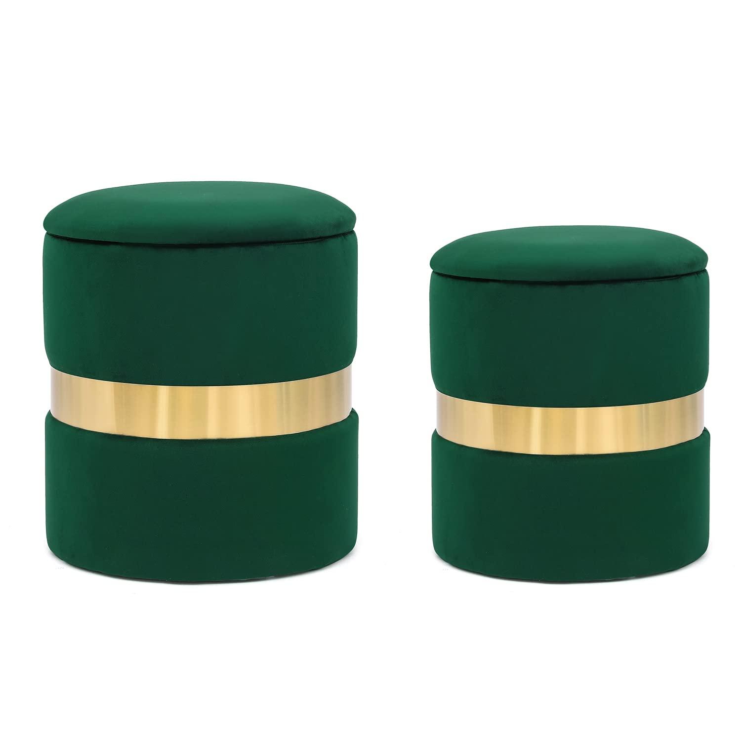 Green Velvet Round Storage Ottoman Set with Gold Accent